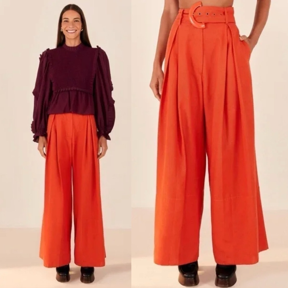 NEW! Farm Rio- Tailored Orange Pants Buckle Belt Wide Leg Size XL Workwear